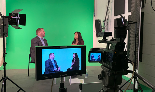 Solo and interview podcast setup in Whites Hire Studio
