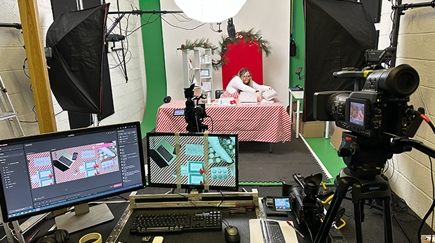 Lighting and podcast set styling inside the studio